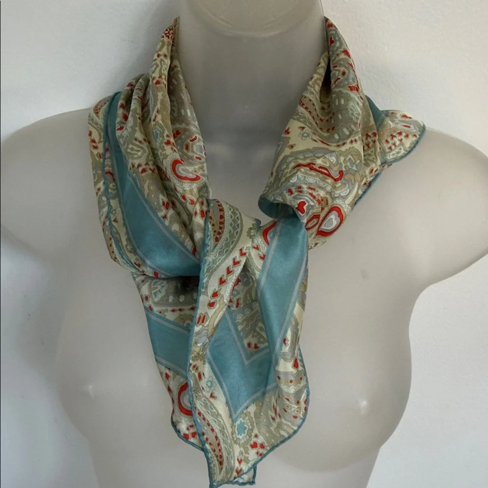 Vintage 100% Silk Paisley Scarf - Blue & Crimson - Hand Rolled Edges - Picture 3 of 13